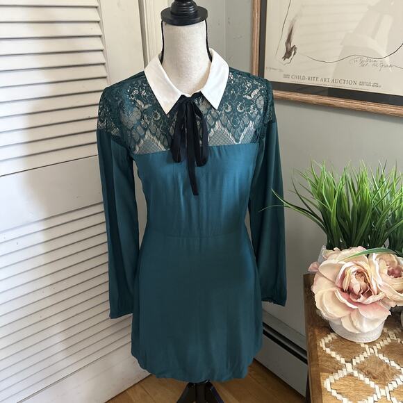 ABERCROMBIE FITCH Dress Womens Small Green Mini Collared Bow Lace Grunge Goth - Picture 1 of 13